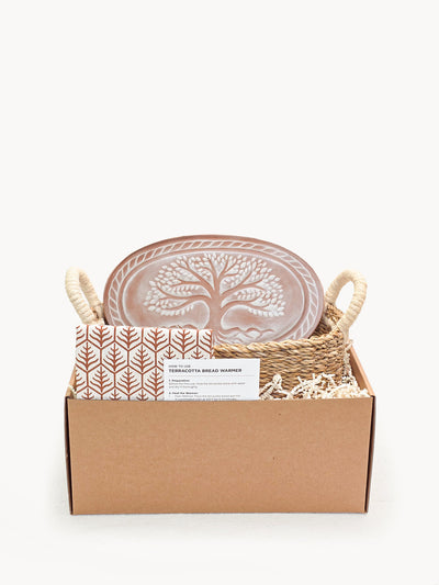 Korissa Bread Warmer Basket Gift Set, Tree of Life, packaged in branded gift box