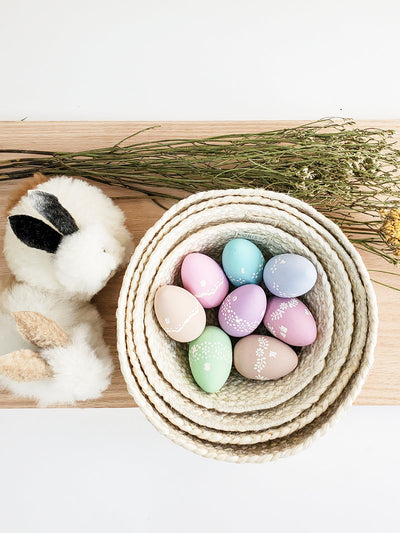 Korissa Kata Candy Bowl holding pastel eggs, styled with dried florals