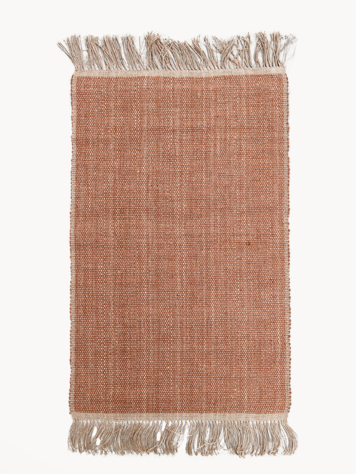 Korissa Goldilocks Rug, brown colorway, fringe edges, white background