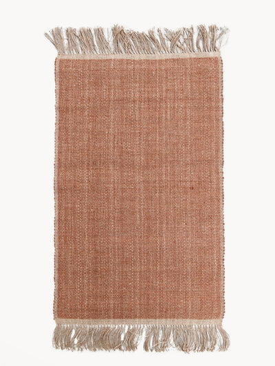 Korissa Goldilocks Rug, brown colorway, fringe edges, white background