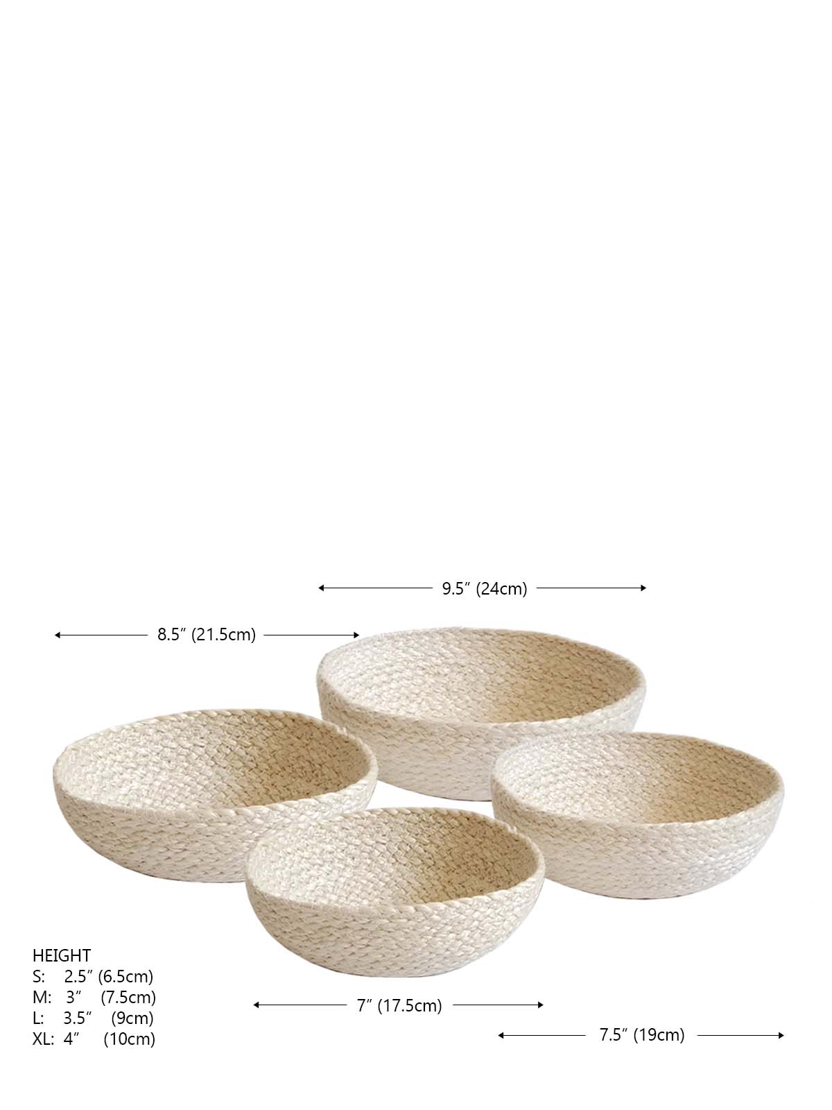 Korissa Kata Candy Bowl dimension chart, four nested sizes shown