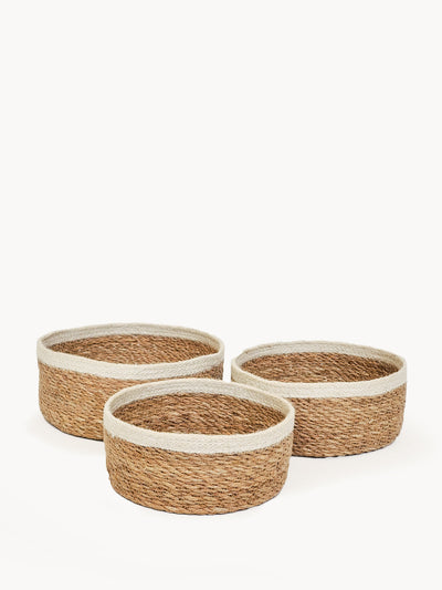 Korissa Savar Storage Bowl, seagrass with white jute trim, three nested sizes