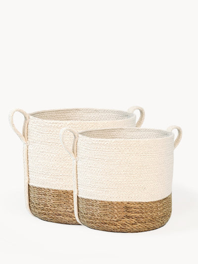 Korissa Savar Basket with Side Handle, natural and white two-tone, two nested sizes
