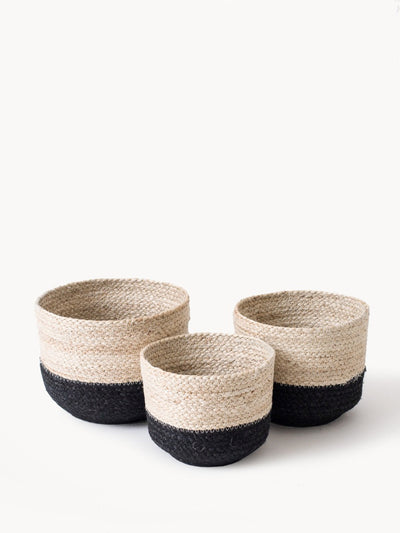 Korissa Naiya Bin, natural and black two-tone jute, three nested sizes, white background