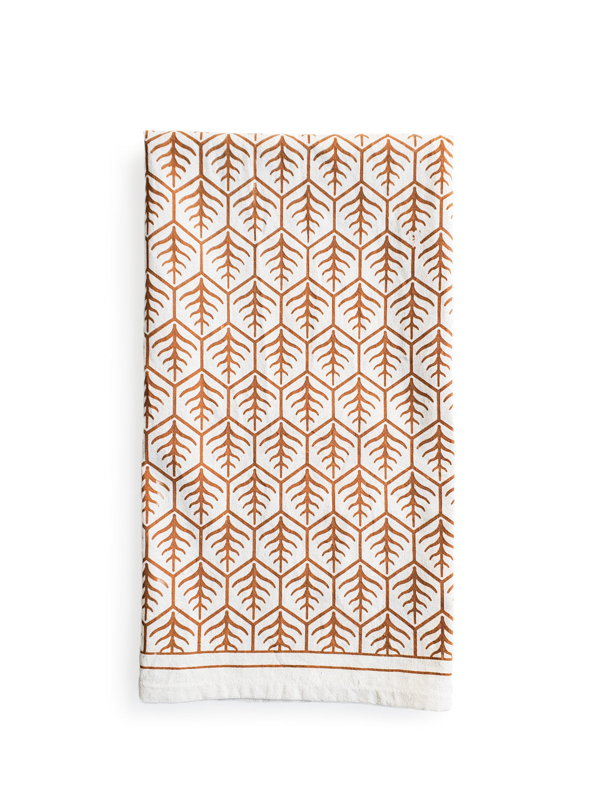 Korissa Hand Screen Printed Tea Towel, light brown print, folded flat, white background