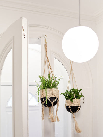Korissa Naiya Bin hanging planters in macrame slings, doorway setting