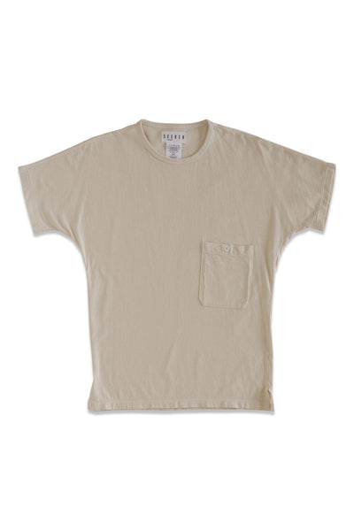 Front product view of the cream Pocket Dolman Tee with a chest pocket.
