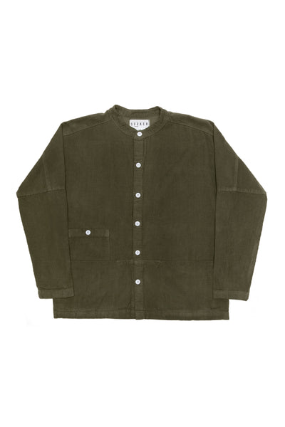 Front product view of the olive-green Raj corduroy coat.