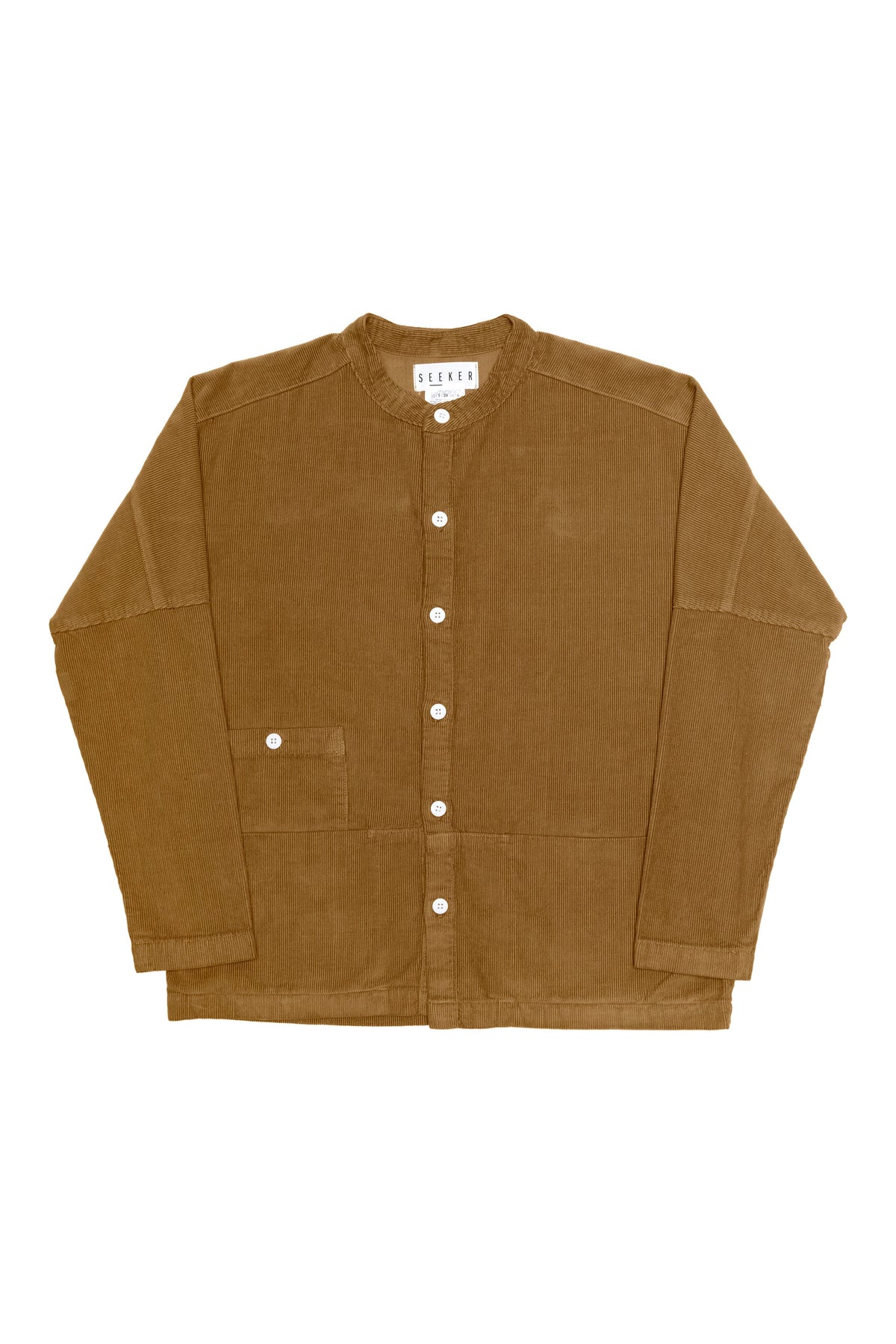 Front product view of the mustard-brown Raj corduroy coat.