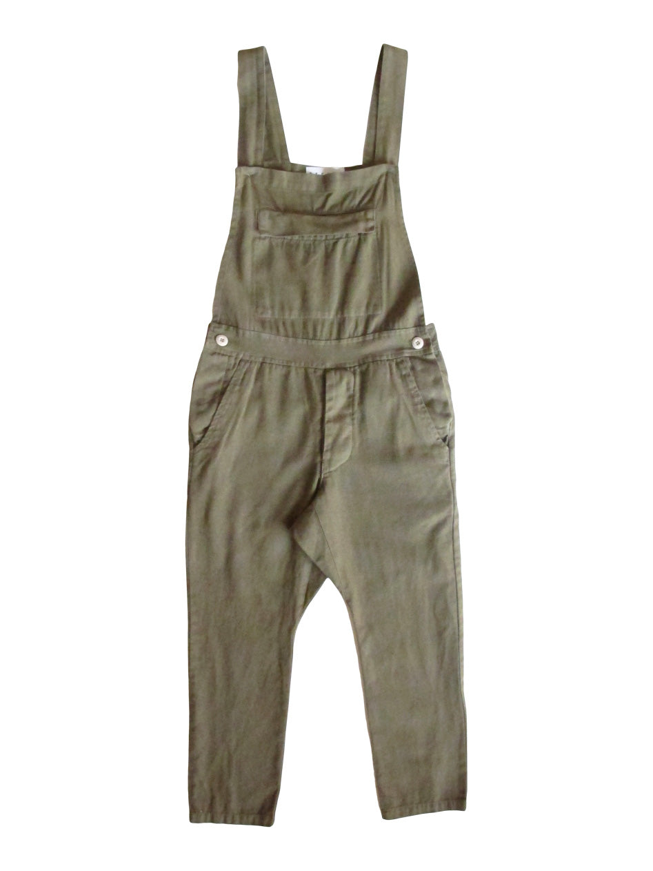 Front product view of olive-green overalls with adjustable shoulder straps, a bib pocket, and tapered legs.