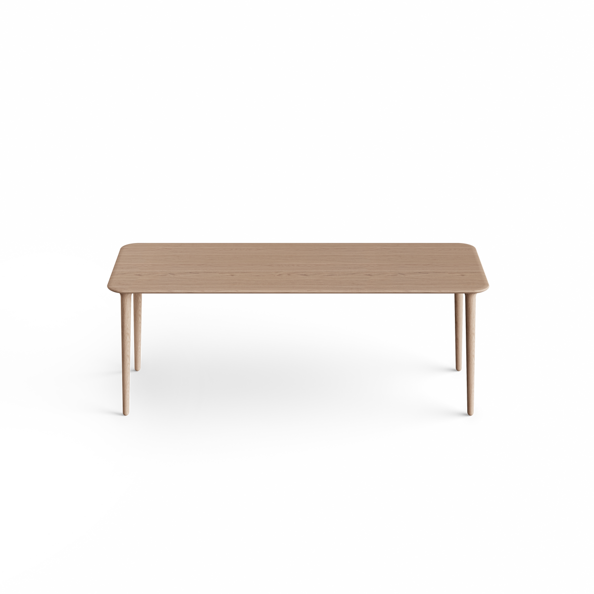 Elevated front view of the light wood Eikund Evja Rectangle Coffee Table, showing a rectangular grain-patterned top with rounded corners, a gently beveled edge, and four slender tapered legs against white.
