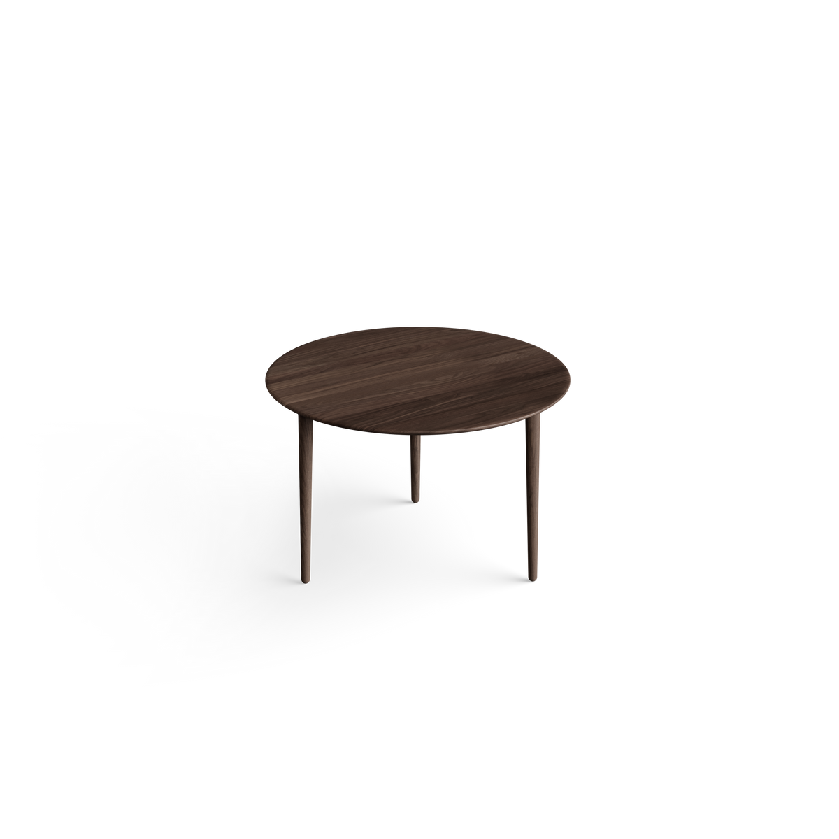 Elevated three-quarter view of the dark brown wood Eikund Evja Round Coffee Table, showing a circular tabletop with prominent grain, a slim rounded edge, and three slender tapered legs against white.
