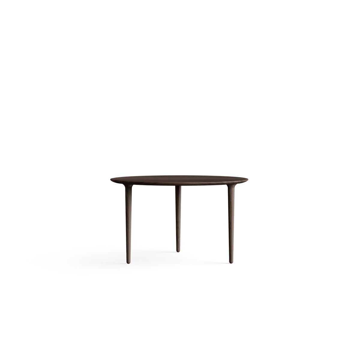 Low front view of the dark brown wood Eikund Evja Round Coffee Table, showing its thin tabletop profile and three tapered legs.