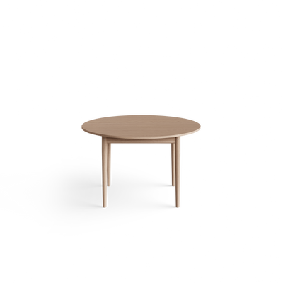 Eikund Oma Static Dining Table against a white background, showing a round light wood tabletop with visible grain, a thin rounded edge, recessed wood apron, and slender tapered legs.