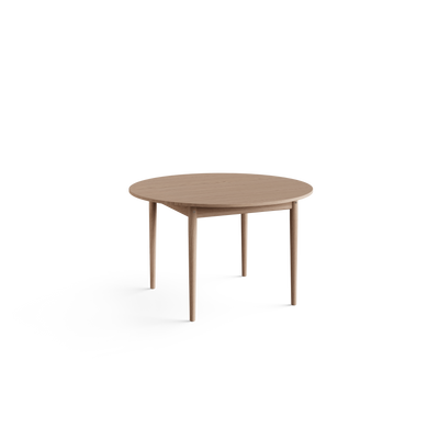 Angled view of the light wood Eikund Oma Static Dining Table, showing its circular grain-patterned top and four tapered legs connected by a slim underframe.
