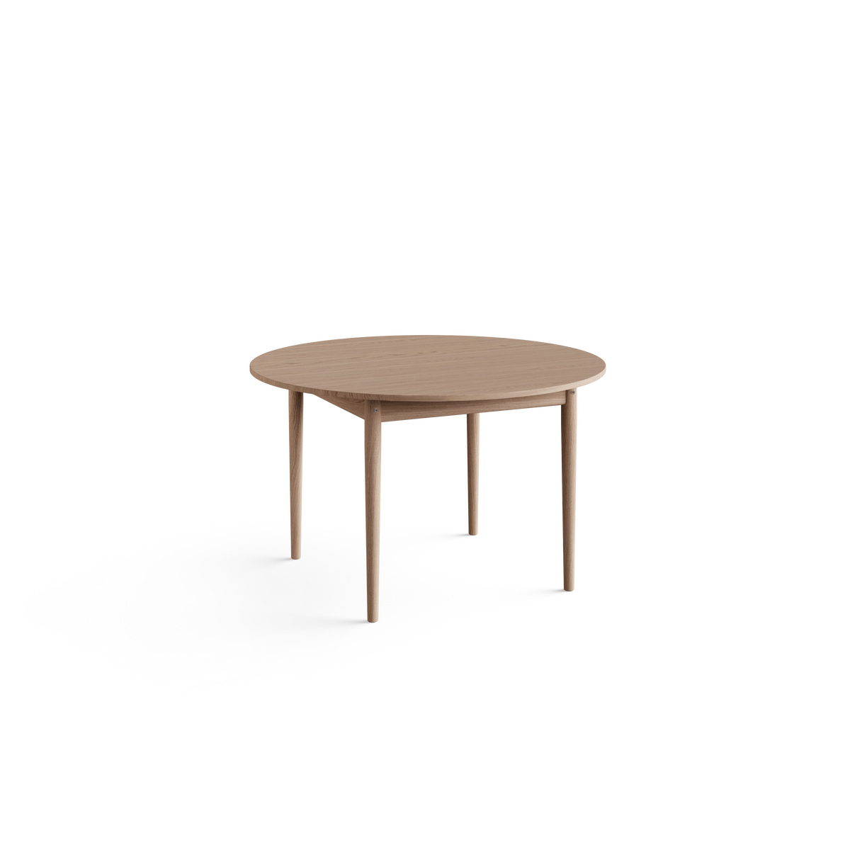 Angled view of the light wood Eikund Oma Static Dining Table, showing its circular grain-patterned top and four tapered legs connected by a slim underframe.