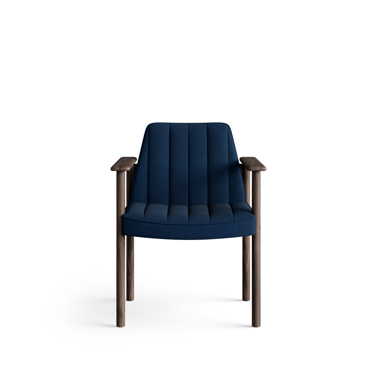 Front view of the Eikund Ry Arm Chair with deep blue fabric upholstery and a dark brown wood frame, showing vertical padded channels across the back and seat, flat rounded wood armrests, and slender straight legs.