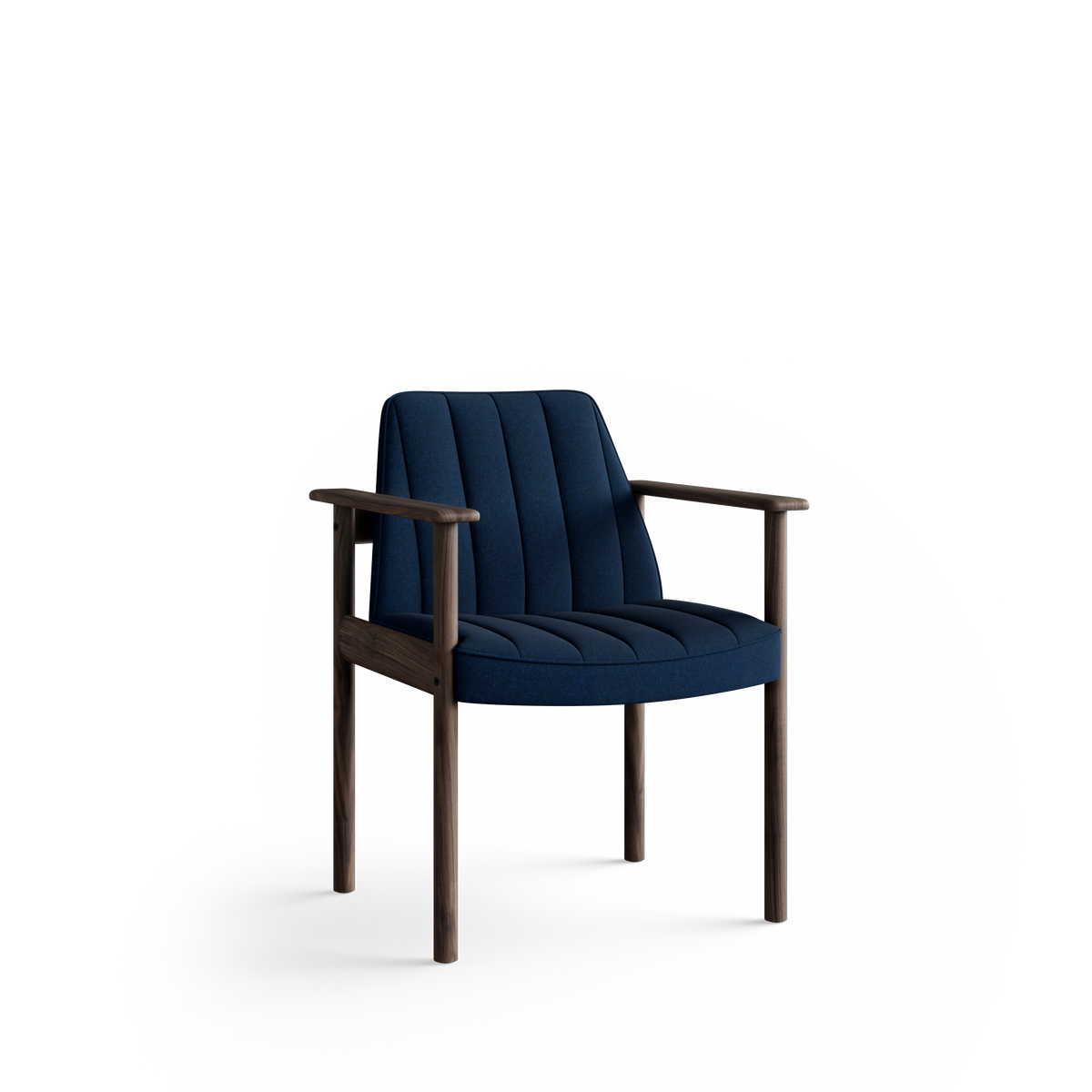 Three-quarter front view of the blue Eikund Ry Arm Chair, showing its sloping channel-stitched back, curved padded seat edge, and open wood arm supports.