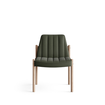 Front view of the Eikund Ry Dining Chair with olive-green fabric upholstery and a light wood frame, showing vertical padded channels running down the tapered back and across the seat, an armless design, and slender straight legs.
