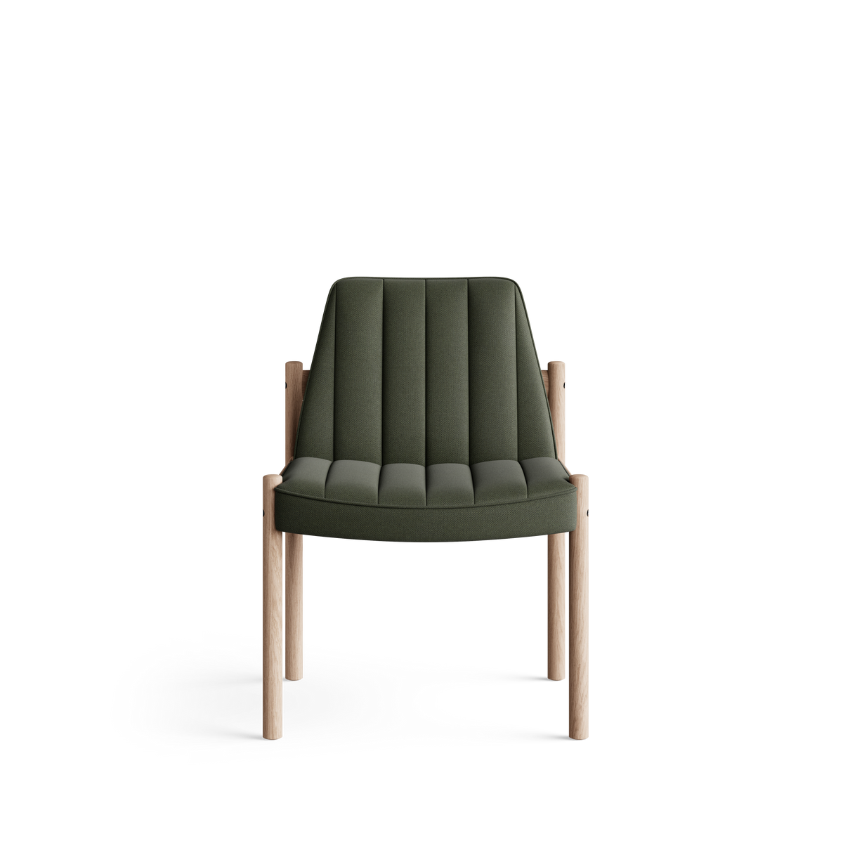Front view of the Eikund Ry Dining Chair with olive-green fabric upholstery and a light wood frame, showing vertical padded channels running down the tapered back and across the seat, an armless design, and slender straight legs.