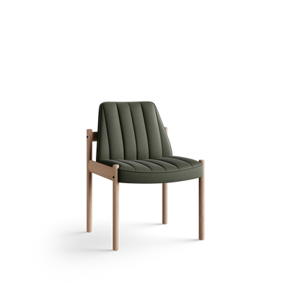 Three-quarter front view of the olive-green Eikund Ry Dining Chair, showing its gently reclined channelled back, rounded padded seat edge, and exposed light wood side rails.
