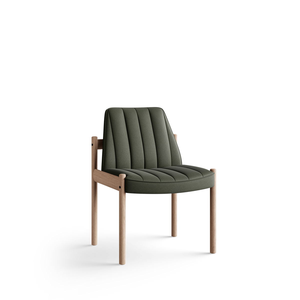 Three-quarter front view of the olive-green Eikund Ry Dining Chair, showing its gently reclined channelled back, rounded padded seat edge, and exposed light wood side rails.