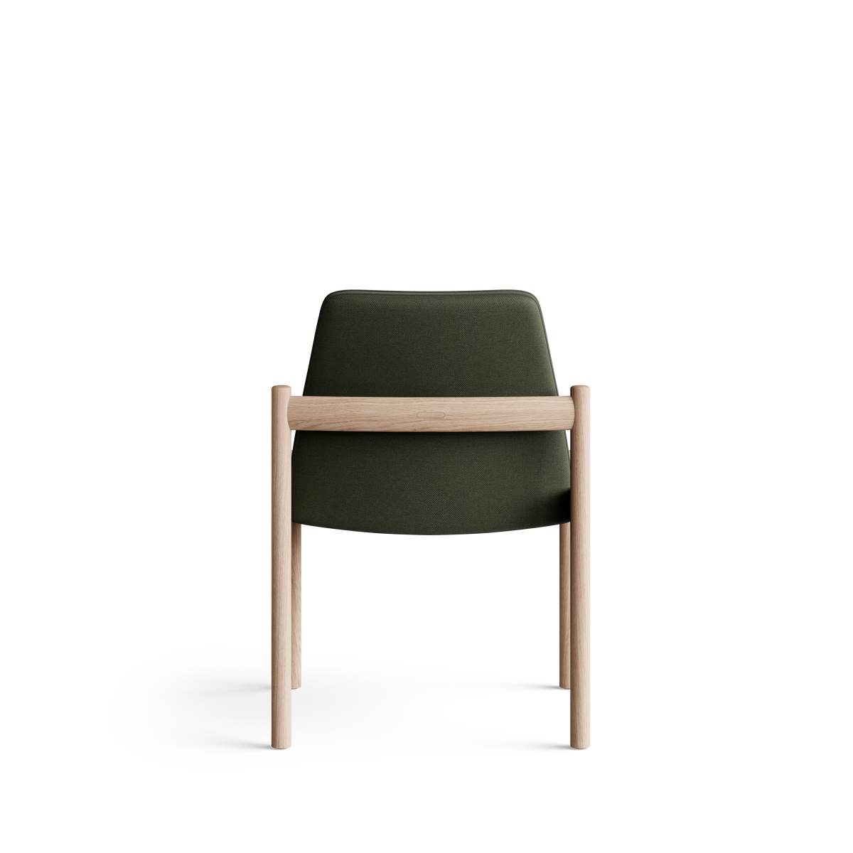 Rear view of the Eikund Ry Dining Chair, showing a smooth olive-green upholstered back crossed by a horizontal light wood rail, with slim wood uprights extending into the rear legs.