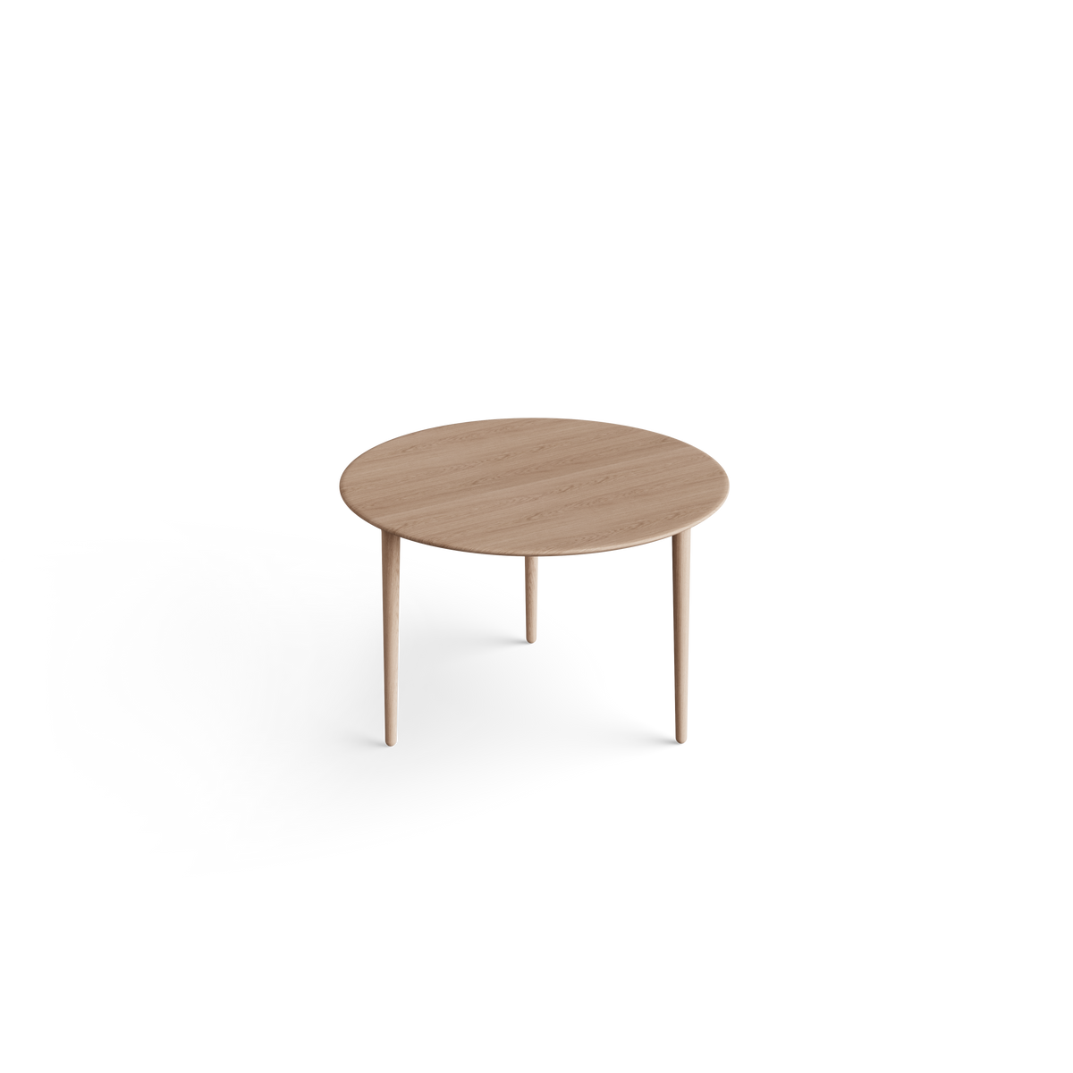 Elevated three-quarter view of the light wood Eikund Evja Round Coffee Table, showing the circular grain-patterned top, softly beveled edge, and three slender legs.