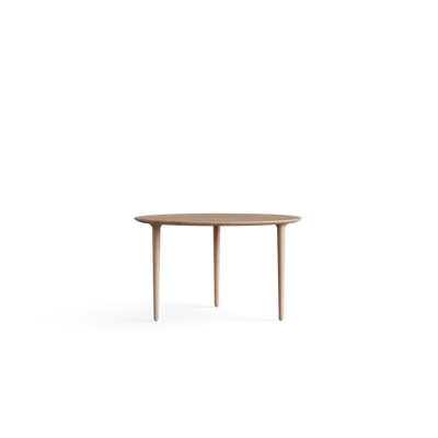 Low front view of the light wood Eikund Evja Round Coffee Table, showing the thin round top and three tapered legs against a white background.