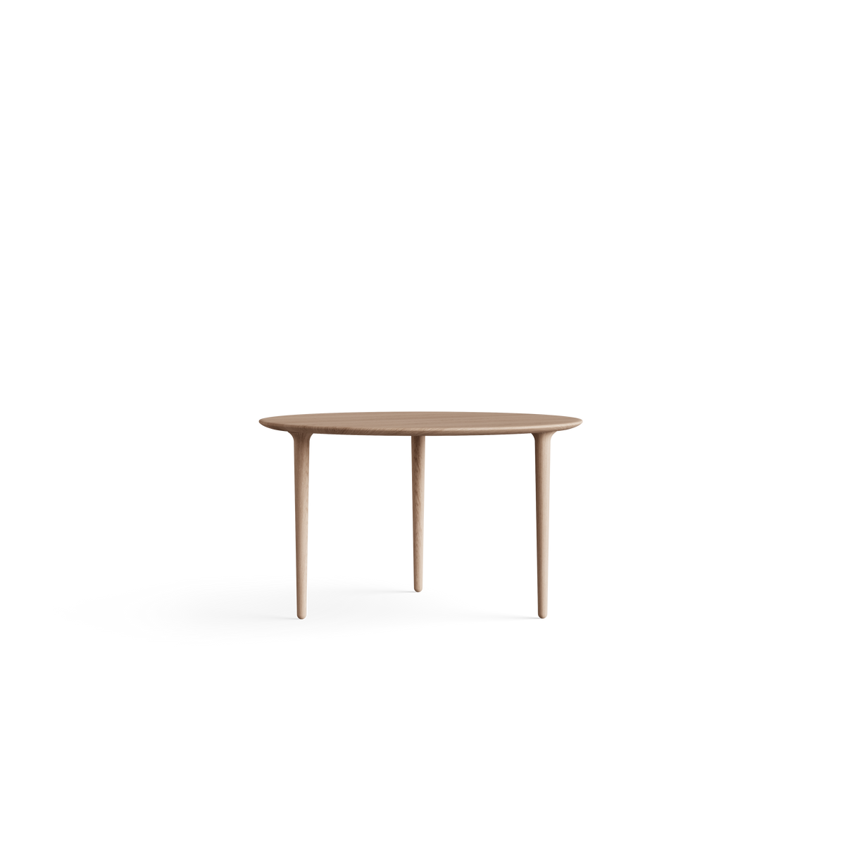 Low front view of the light wood Eikund Evja Round Coffee Table, showing the thin round top and three tapered legs against a white background.