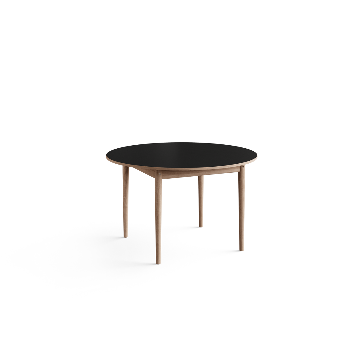Three-quarter view of the Eikund Oma Static Dining Table with a black circular top and light wood base, showing the thin tabletop profile and angled supports beneath.