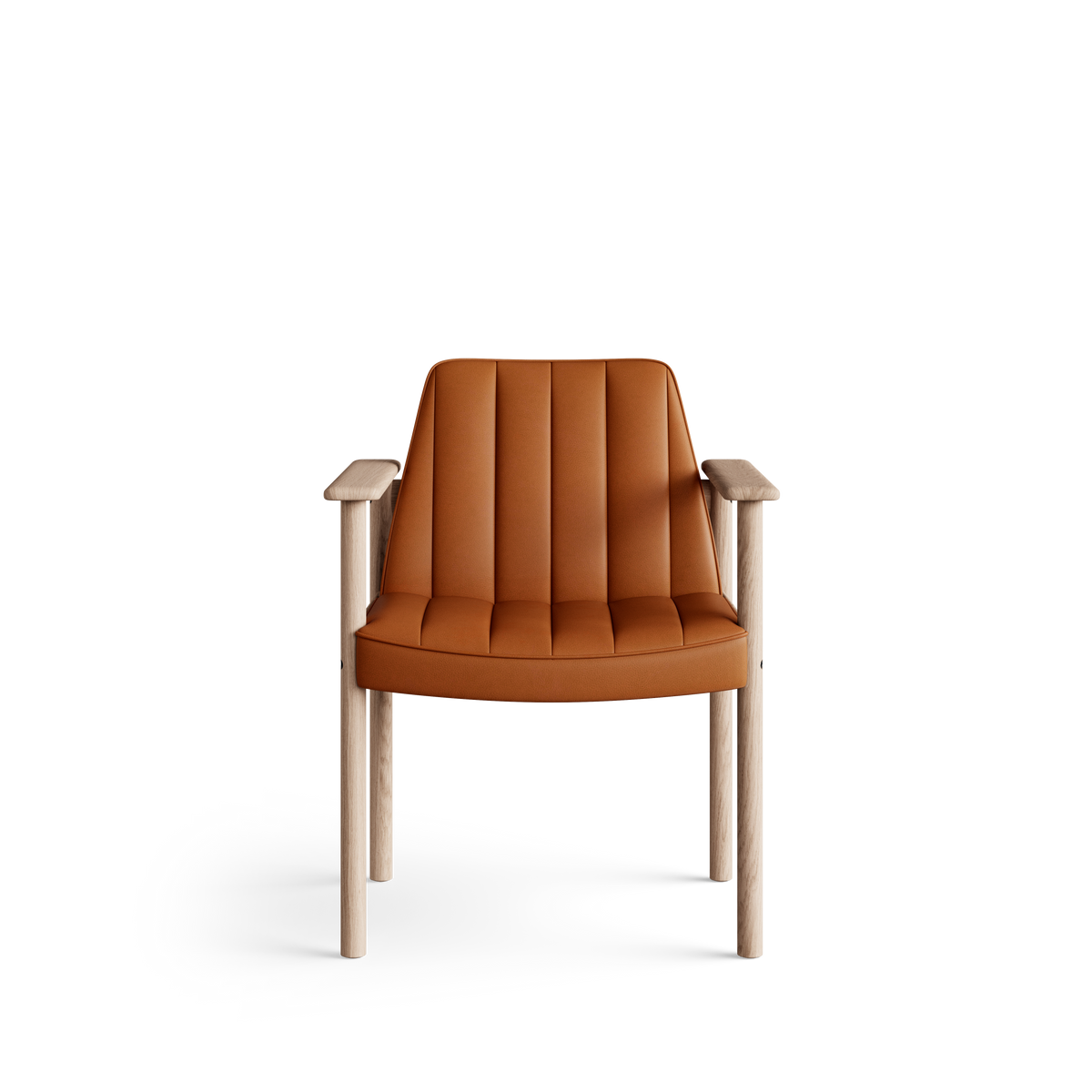 Front view of the Eikund Ry Arm Chair with cognac-orange upholstery and a light wood frame, showing vertical padded channels, broad wood armrests, and slim straight legs.