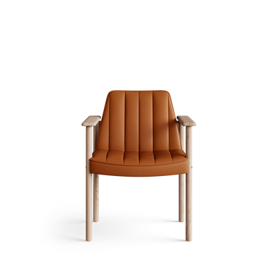 Front view of the Eikund Ry Arm Chair with cognac-orange upholstery and a light wood frame, showing vertical padded channels, broad wood armrests, and slim straight legs.