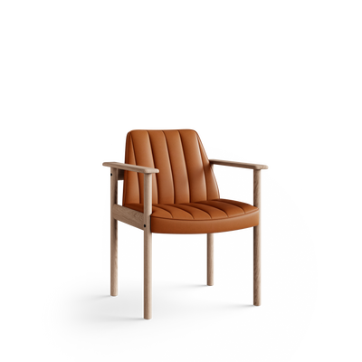 Three-quarter front view of the cognac-orange Eikund Ry Arm Chair, showing its reclined upholstered back, channelled seat, and open light wood side frame.