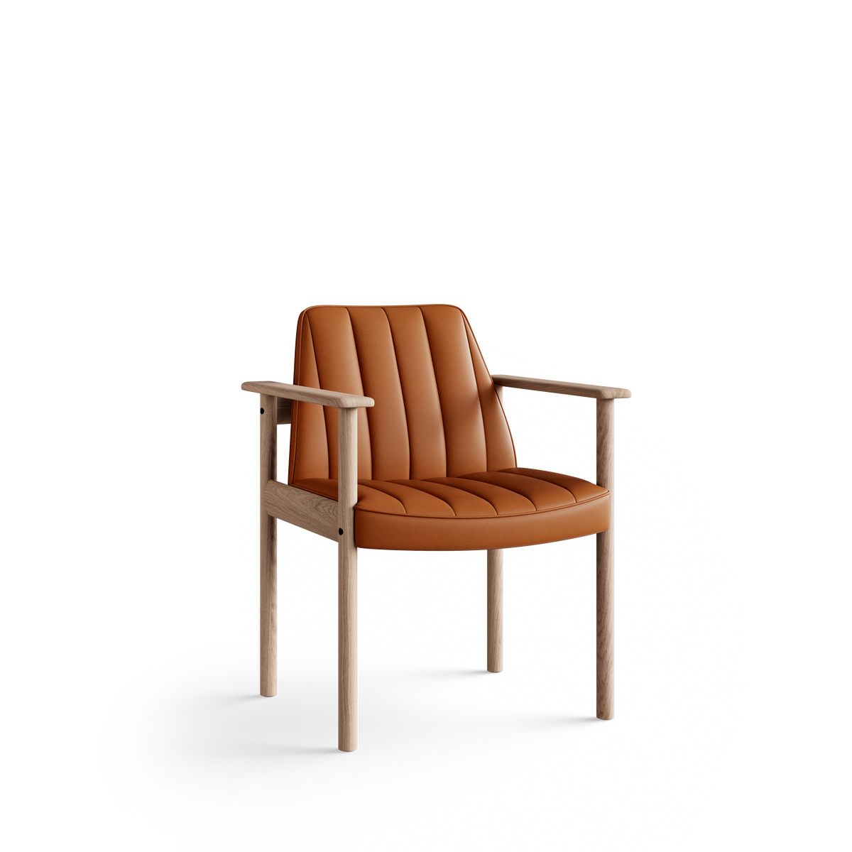 Three-quarter front view of the cognac-orange Eikund Ry Arm Chair, showing its reclined upholstered back, channelled seat, and open light wood side frame.