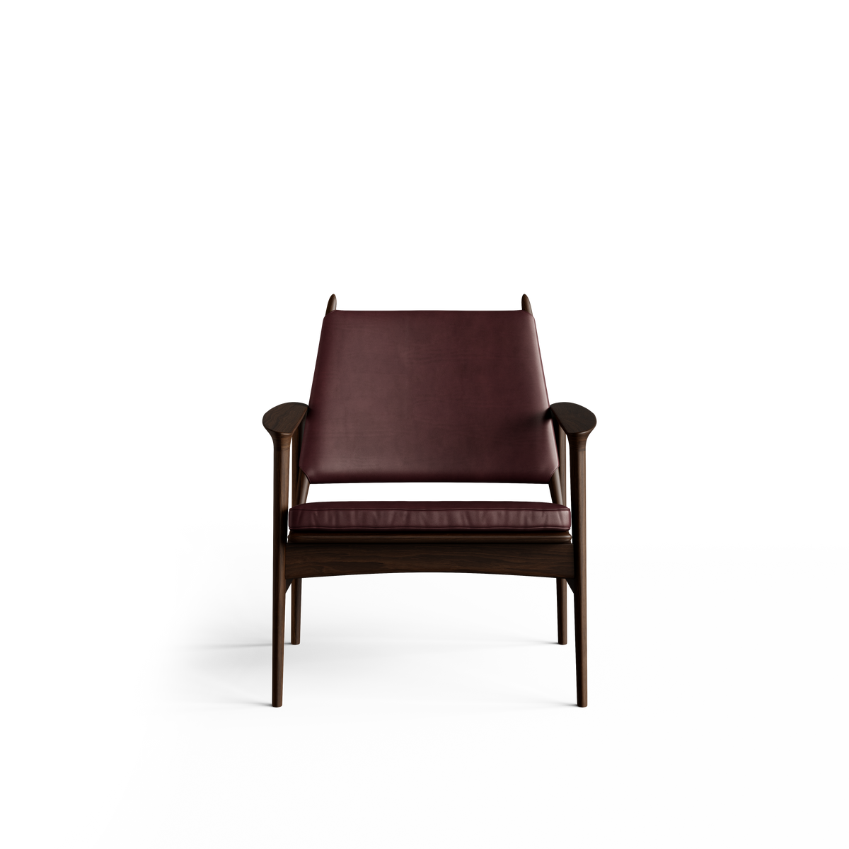 Front view of the Eikund Broadway Lounge Chair in reddish-brown leather and dark wood, showing the tapered backrest, narrow gap above the padded seat, and open arm supports.