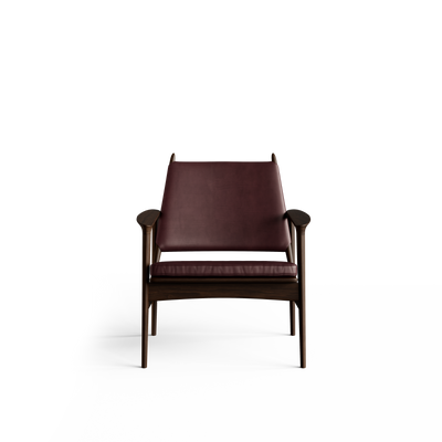 Front view of the Eikund Broadway Lounge Chair in reddish-brown leather and dark wood, showing the tapered backrest, narrow gap above the padded seat, and open arm supports.
