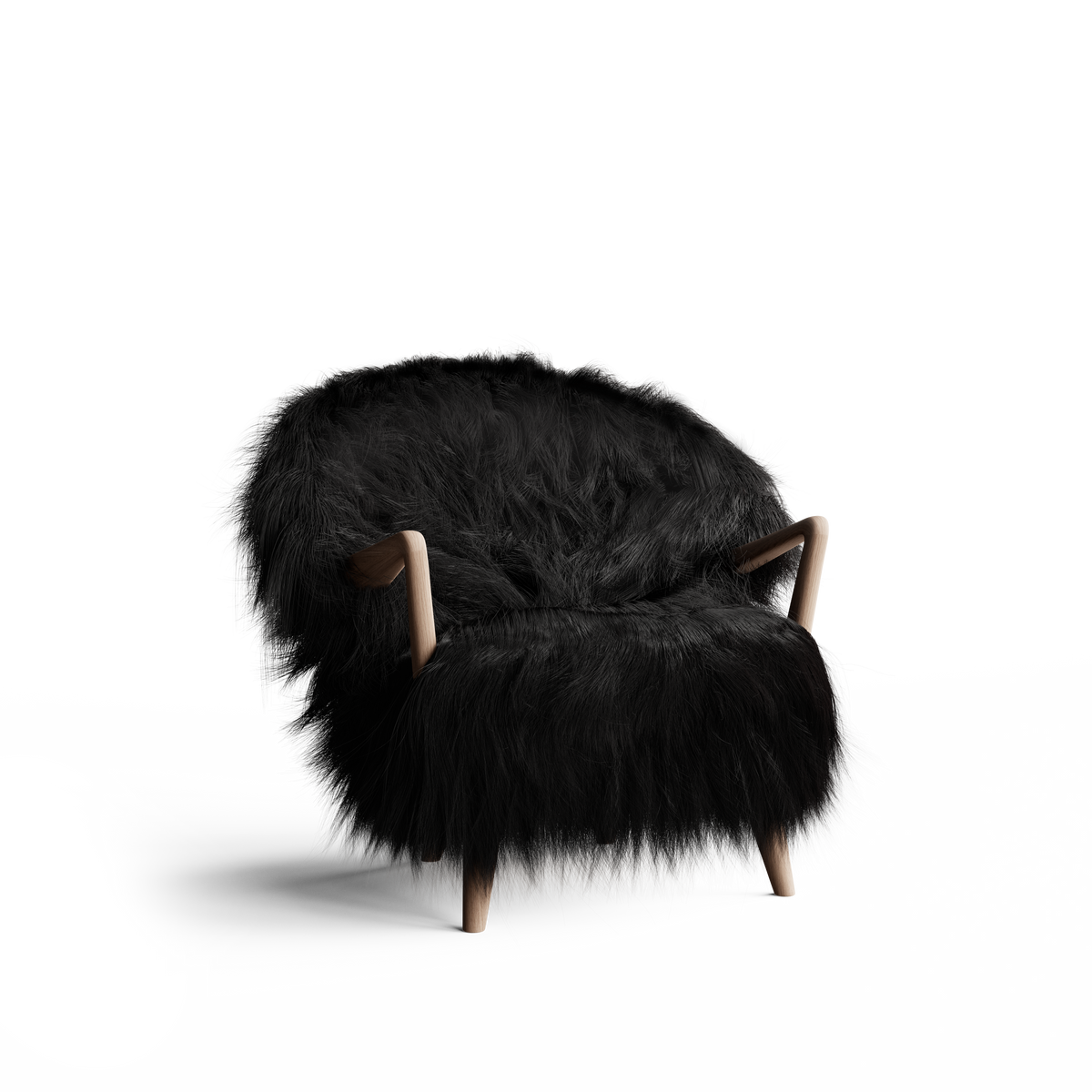 Three-quarter front view of the Eikund Fluffy Lounge Chair against white, showing long black shaggy upholstery, a broad rounded back, a deep seat, sculpted light wood armrests, and short tapered wood legs.