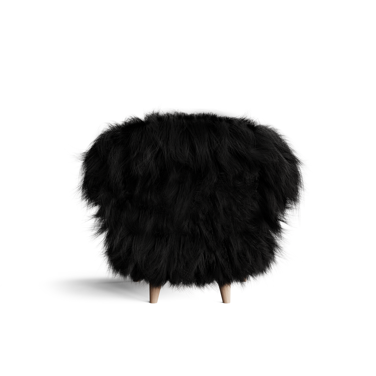 Rear view of the Eikund Fluffy Lounge Chair, showing black shaggy upholstery covering its wide curved back, with two light wood legs visible below.