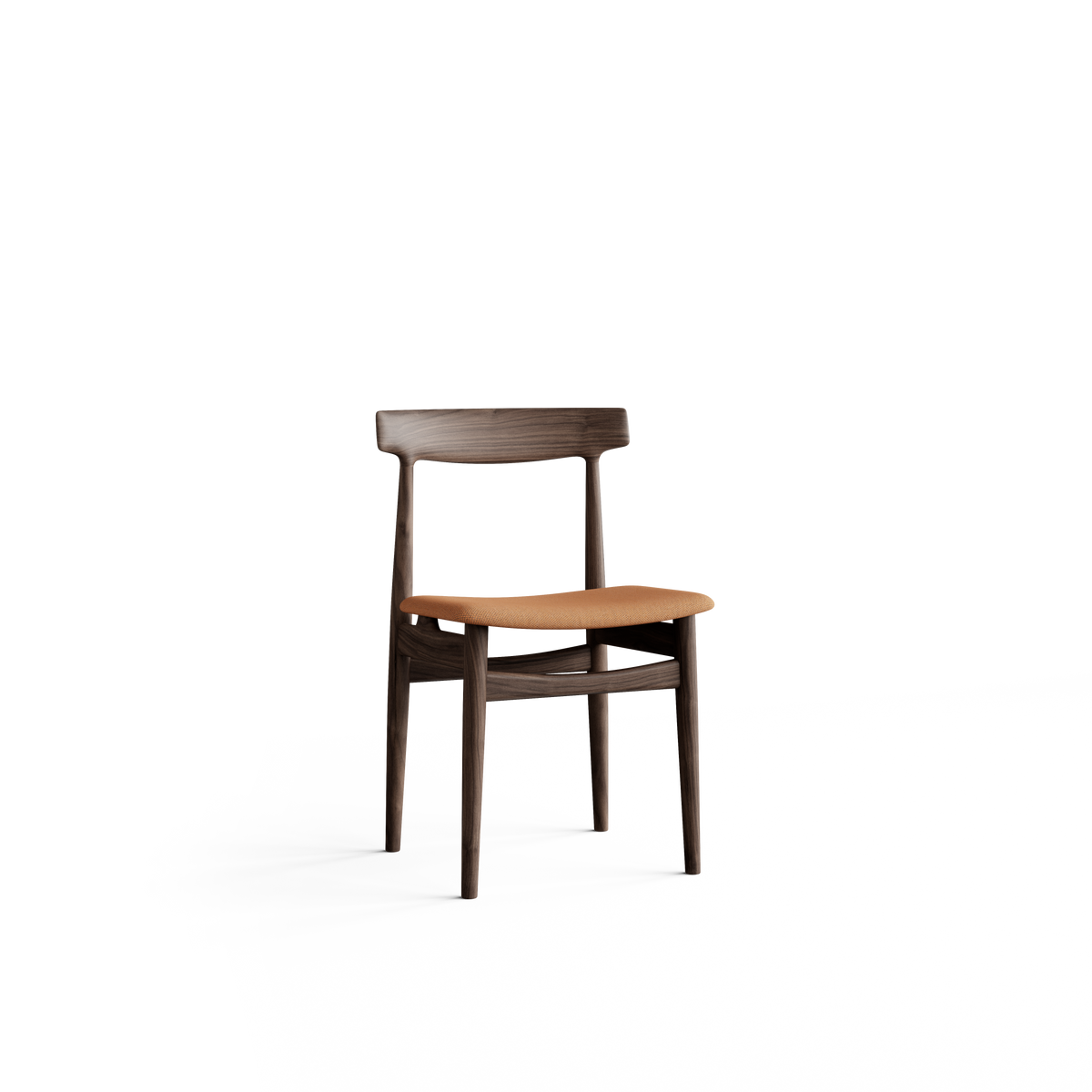 Three-quarter front view of the Eikund Hertug Dining Chair with a dark brown wood frame and tan upholstered seat, showing a narrow curved wood backrest, open back, slender legs, and curved rails beneath the seat.