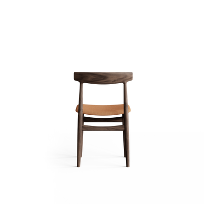 Rear view of the dark wood Eikund Hertug Dining Chair, showing the grain-patterned backrest, tan seat, slim back uprights, and curved connecting rails.