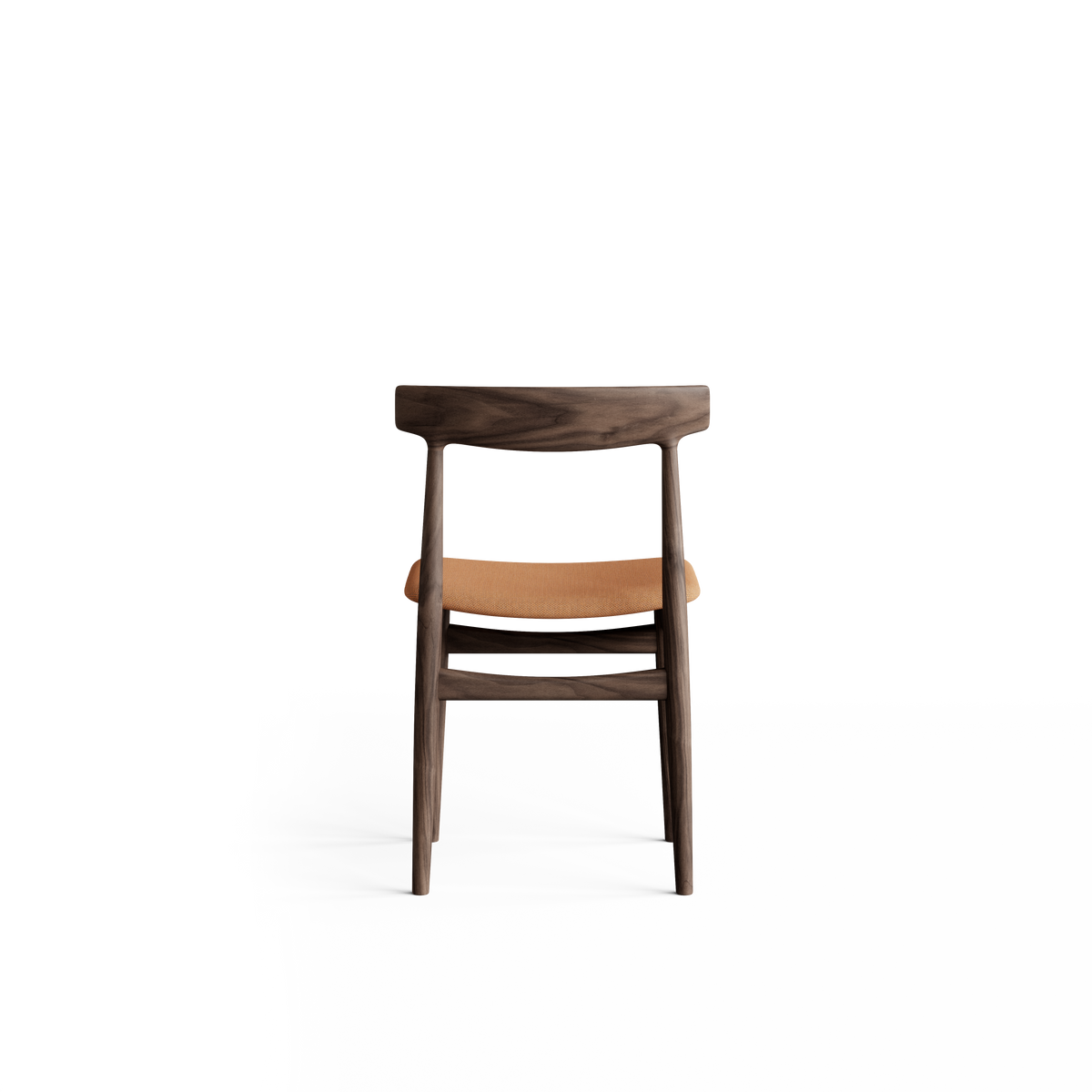 Rear view of the dark wood Eikund Hertug Dining Chair, showing the grain-patterned backrest, tan seat, slim back uprights, and curved connecting rails.