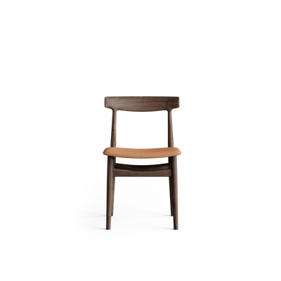 Front view of the Eikund Hertug Dining Chair with dark wood and a tan seat, showing the broad curved back rail, open rectangular back, and gently rounded seat edge.