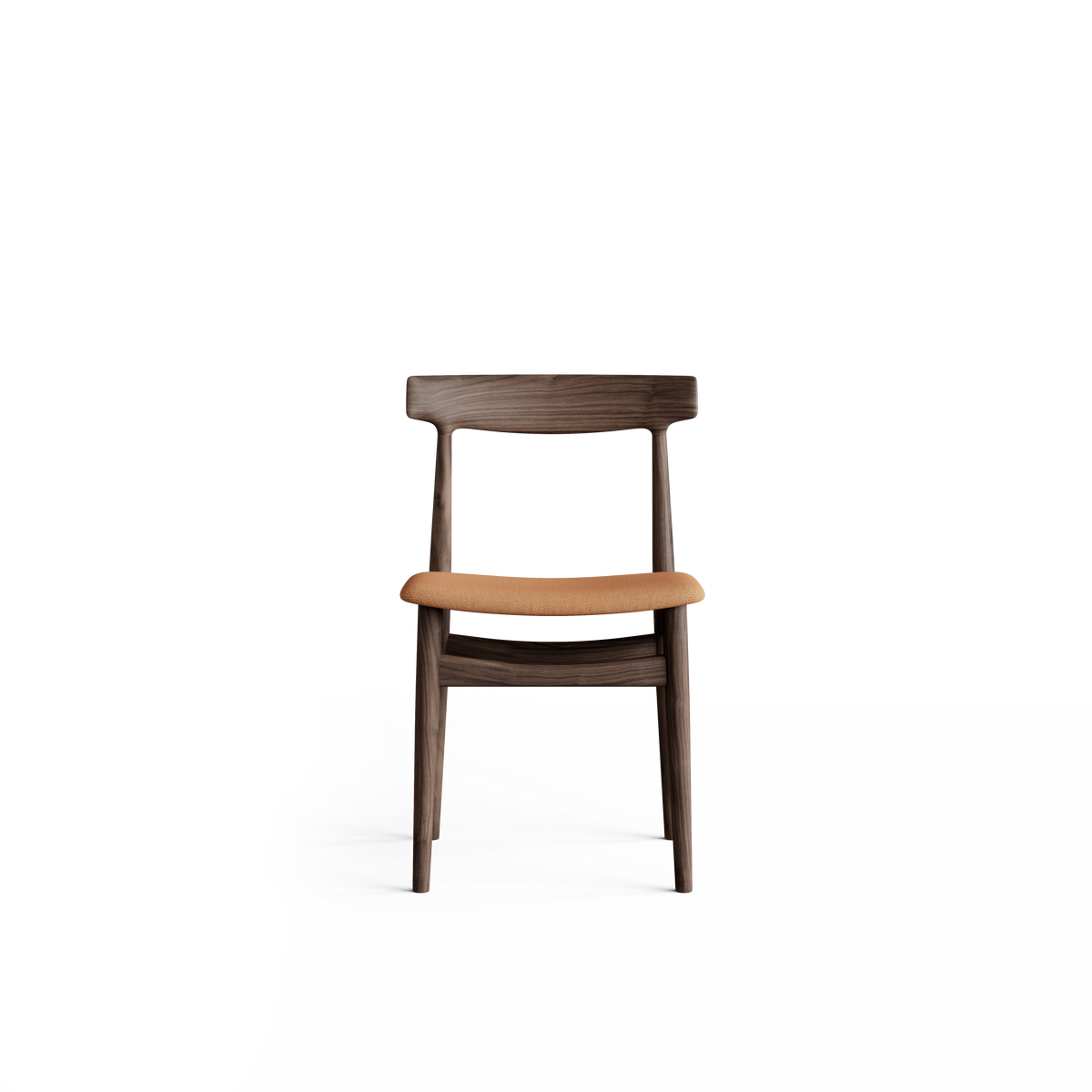 Front view of the Eikund Hertug Dining Chair with dark wood and a tan seat, showing the broad curved back rail, open rectangular back, and gently rounded seat edge.
