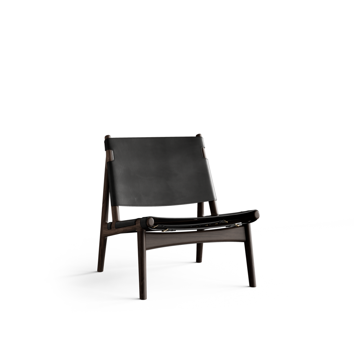 Three-quarter front view of the Eikund Hunter Lounge Chair with a dark wood frame and black leather sling seat and back, showing its reclined backrest, open sides, splayed legs, and metal fittings beneath the seat.