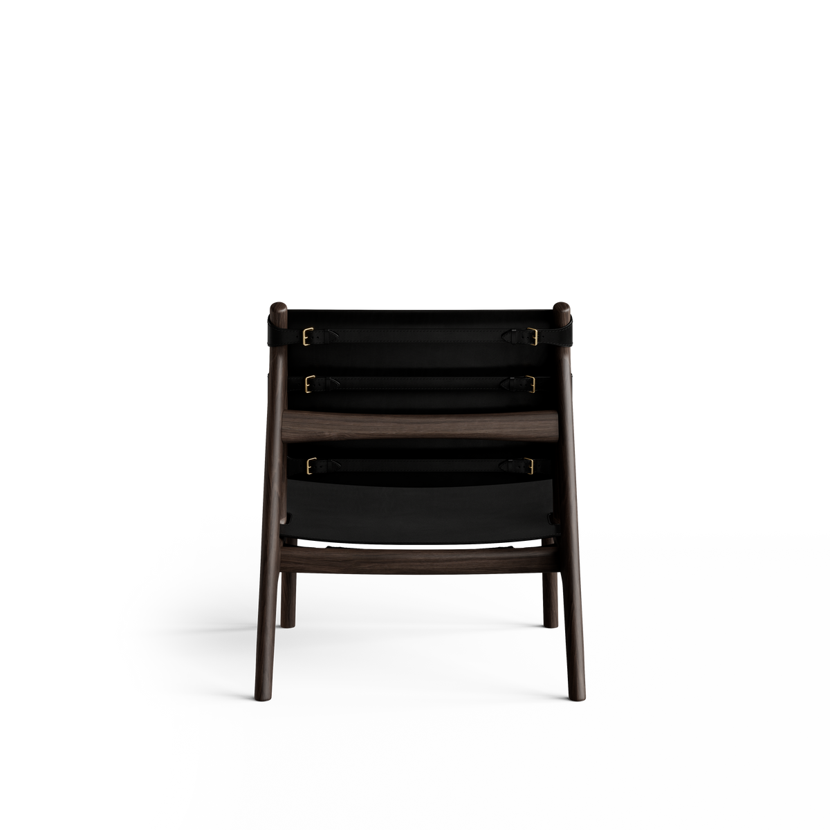 Rear view of the black Eikund Hunter Lounge Chair, showing horizontal leather tension straps with buckles across the back and the exposed dark wood frame.