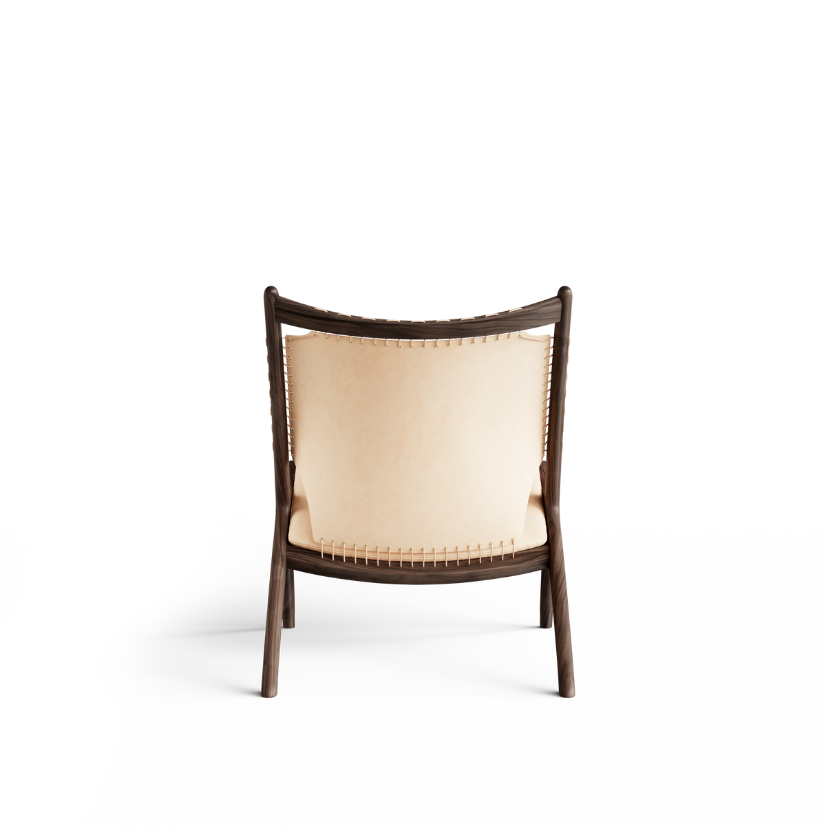 Rear view of the Eikund Krysset Lounge Chair, showing pale tan leather stretched between dark wood uprights and secured with lacing along the sides and lower edge.