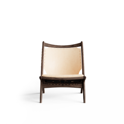 Front view of the Eikund Krysset Lounge Chair with pale tan leather and dark wood, showing the gently curved upper rail, broad sling back, and slim padded seat.