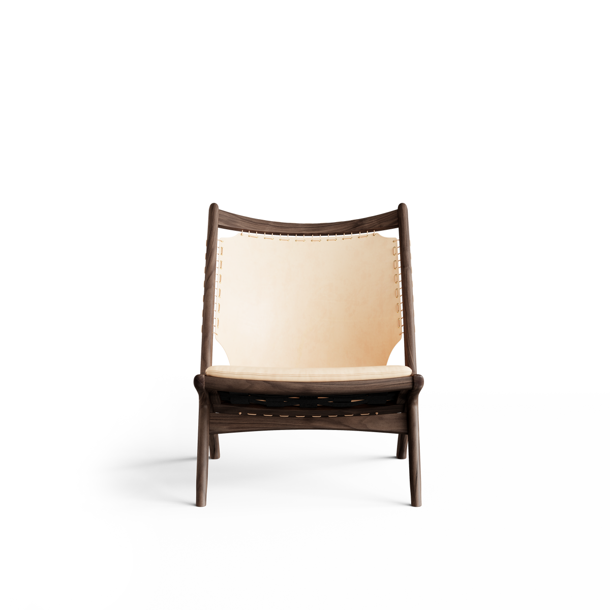 Front view of the Eikund Krysset Lounge Chair with pale tan leather and dark wood, showing the gently curved upper rail, broad sling back, and slim padded seat.