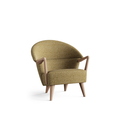 Three-quarter front view of the Eikund UnFluffy Lounge Chair in mustard-olive textured upholstery, showing a broad rounded back, thick upholstered seat, sculpted light wood armrests, and four splayed tapered wood legs.